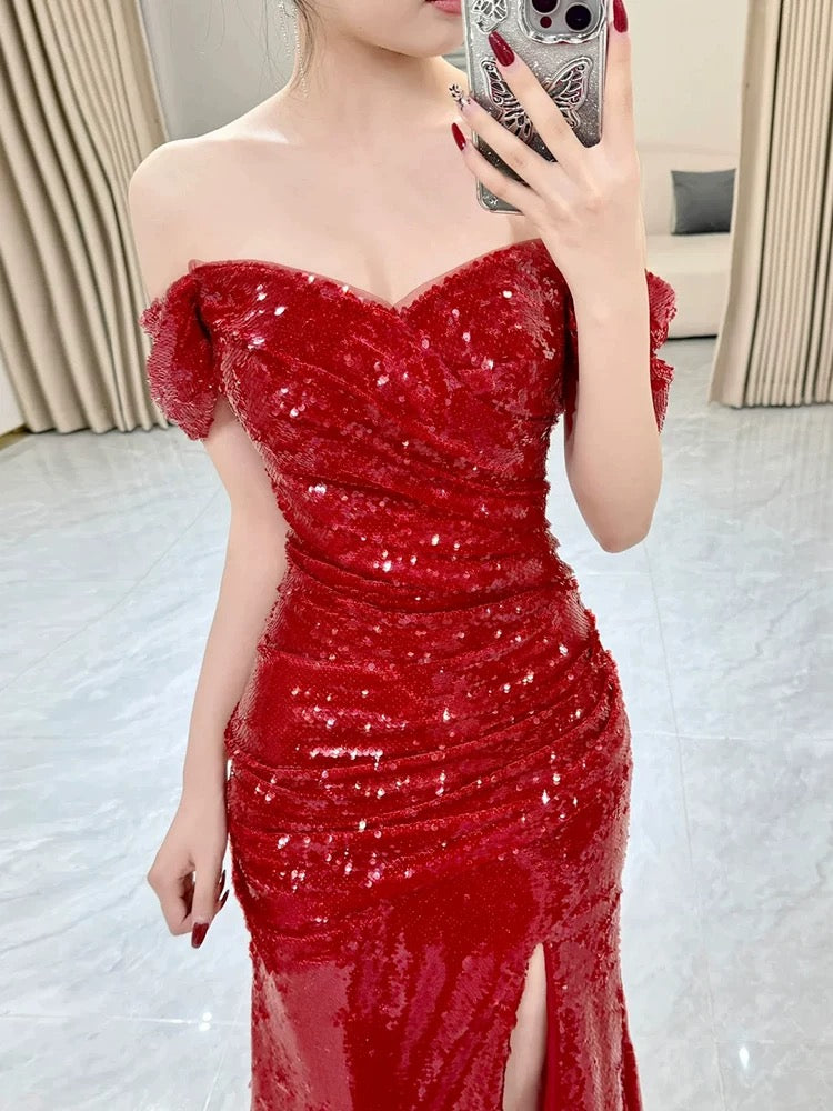 Sexy Mermaid Sweetheart Red Off-the-Shoulder Sequin Slit Floor-Length Evening & Prom Dress - View 4 | FashionDia