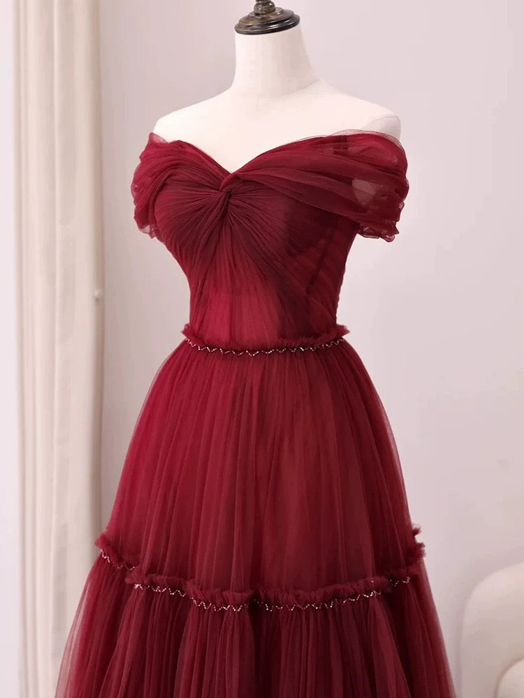 Sexy A-Line Off-the-Shoulder Burgundy Tulle Floor-Length Evening & Prom Dress - View 5 | FashionDia