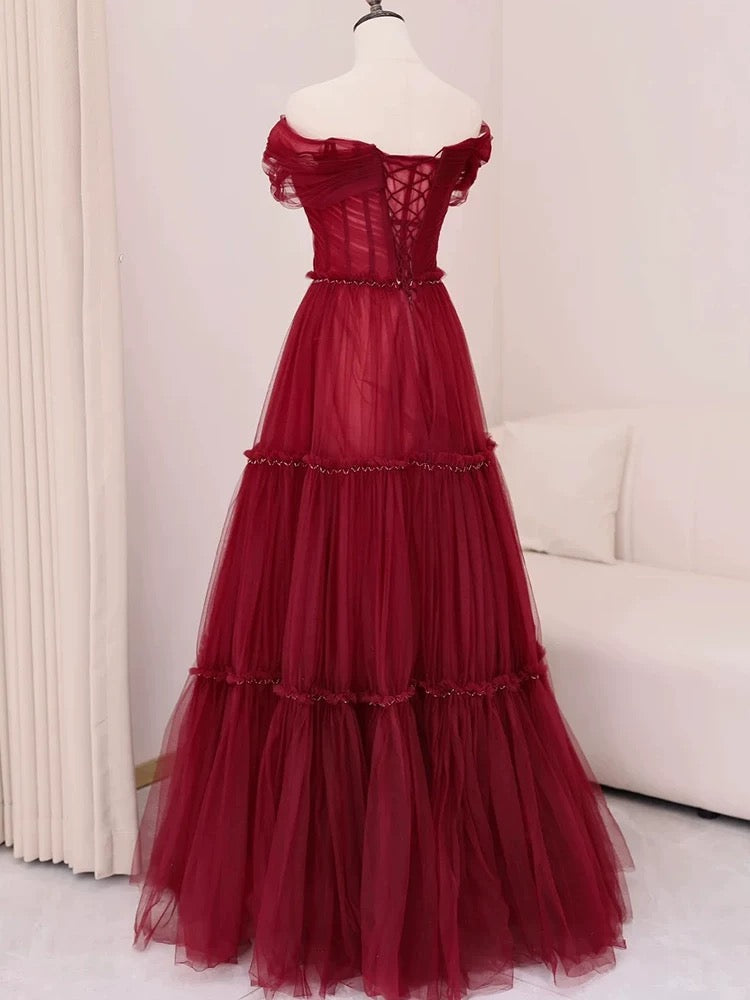 Sexy A-Line Off-the-Shoulder Burgundy Tulle Floor-Length Evening & Prom Dress - View 4 | FashionDia