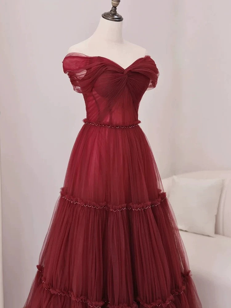 Sexy A-Line Off-the-Shoulder Burgundy Tulle Floor-Length Evening & Prom Dress - View 2 | FashionDia