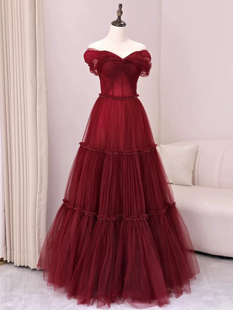Sexy A-Line Off-the-Shoulder Burgundy Tulle Floor-Length Evening & Prom Dress - FashionDia