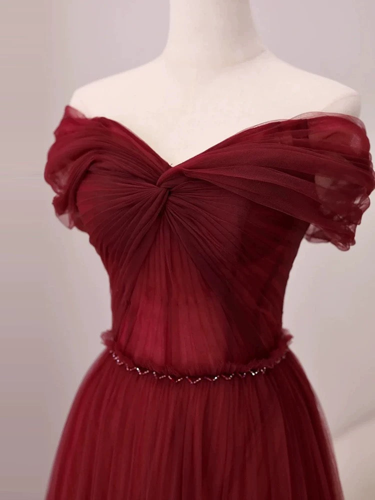 Sexy A-Line Off-the-Shoulder Burgundy Tulle Floor-Length Evening & Prom Dress - View 3 | FashionDia