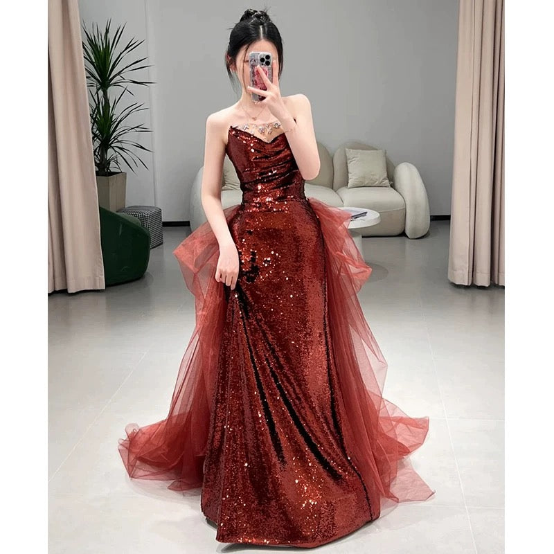 Sexy Mermaid Sweetheart Burgundy Floor-Length Evening Dress Sequin Prom Dresses - FashionDia