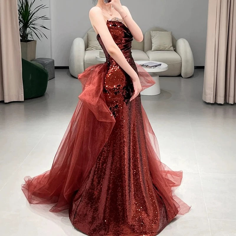 Sexy Mermaid Sweetheart Burgundy Floor-Length Evening Dress Sequin Prom Dresses - View 2 | FashionDia