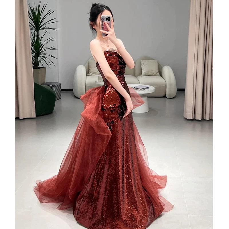 Sexy Mermaid Sweetheart Burgundy Floor-Length Evening Dress Sequin Prom Dresses - View 5 | FashionDia