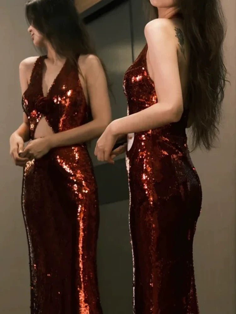Modest Mermaid V Neckline Burgundy Floor Length Evening Dress Sequin Prom Dresses