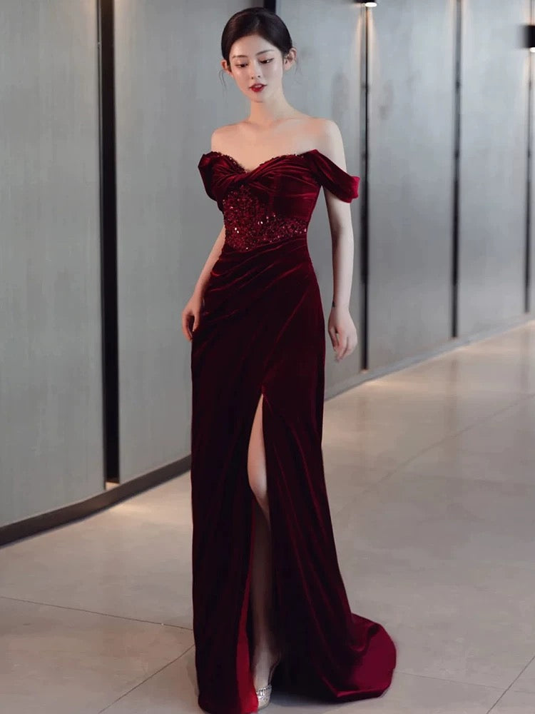 Sexy Sheath Off-the-Shoulder Burgundy Velvet Floor-Length Evening & Prom Dress - View 5 | FashionDia