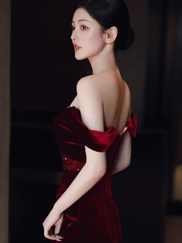 Sexy Sheath Off-the-Shoulder Burgundy Velvet Floor-Length Evening & Prom Dress - View 3 | FashionDia