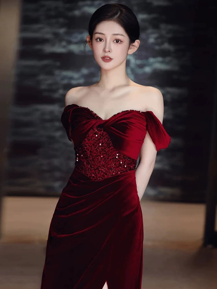 Sexy Sheath Off-the-Shoulder Burgundy Velvet Floor-Length Evening & Prom Dress - View 2 | FashionDia