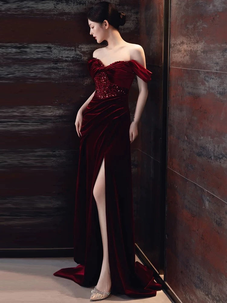 Sexy Sheath Off-the-Shoulder Burgundy Velvet Floor-Length Evening & Prom Dress - FashionDia