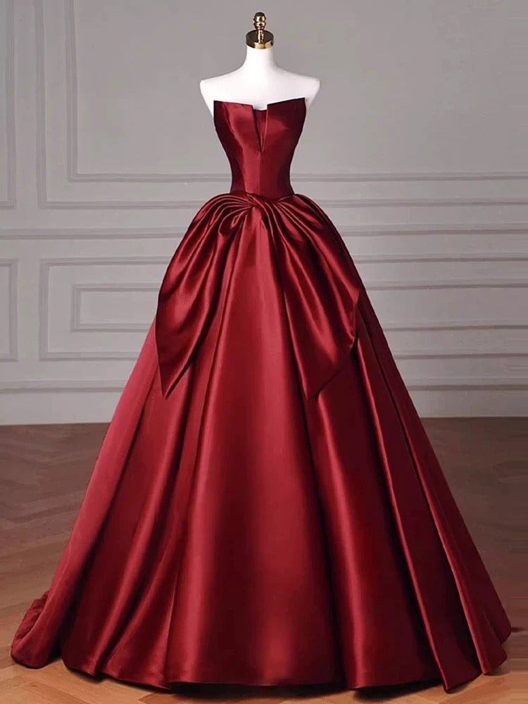 Modest Ball Gown Strapless Burgundy Satin Floor-Length Evening & Prom Dress - View 5 | FashionDia