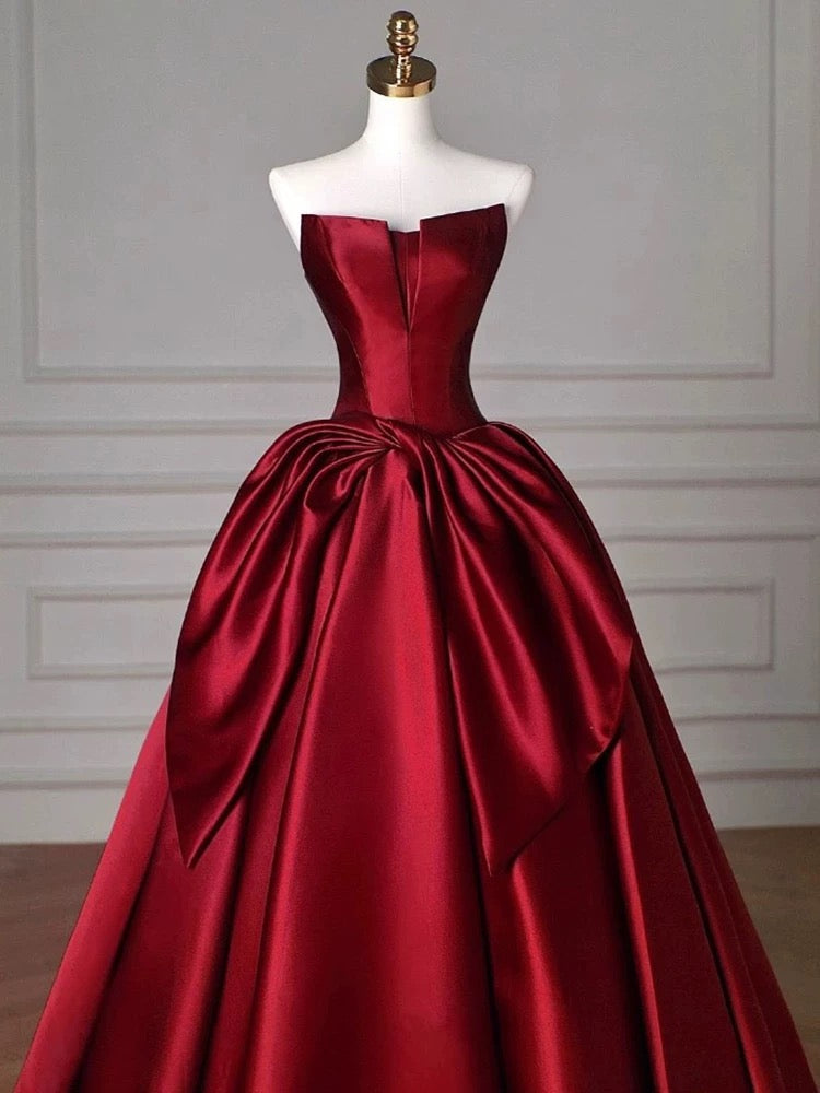 Modest Ball Gown Strapless Burgundy Satin Floor-Length Evening & Prom Dress - View 4 | FashionDia