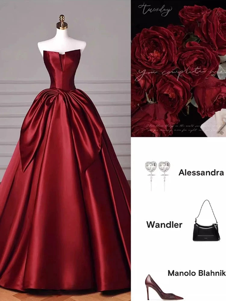 Modest Ball Gown Strapless Burgundy Satin Floor-Length Evening & Prom Dress - View 2 | FashionDia