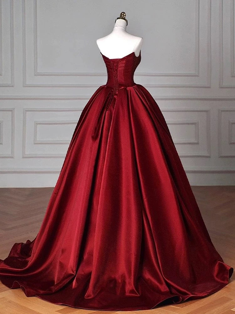 Modest Ball Gown Strapless Burgundy Satin Floor-Length Evening & Prom Dress - FashionDia