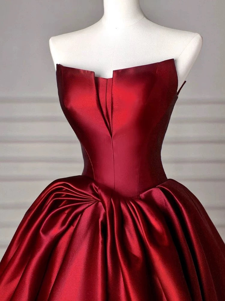 Modest Ball Gown Strapless Burgundy Satin Floor-Length Evening & Prom Dress - View 3 | FashionDia