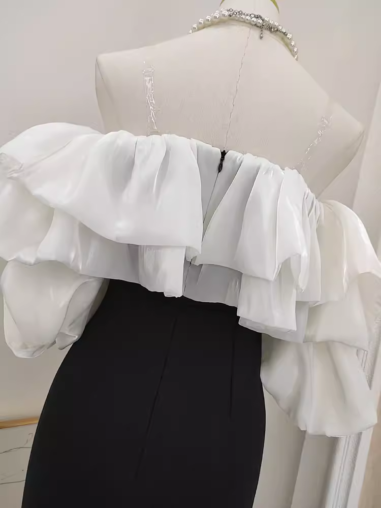 Sexy Sheath Off-the-Shoulder Black Vacation Dress Satin Women Dresses - View 3 | FashionDia