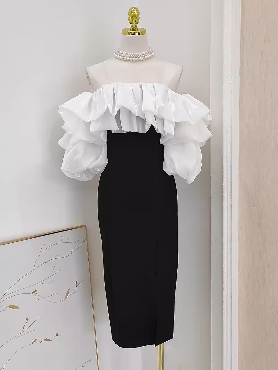 Sexy Sheath Off-the-Shoulder Black Vacation Dress Satin Women Dresses - FashionDia
