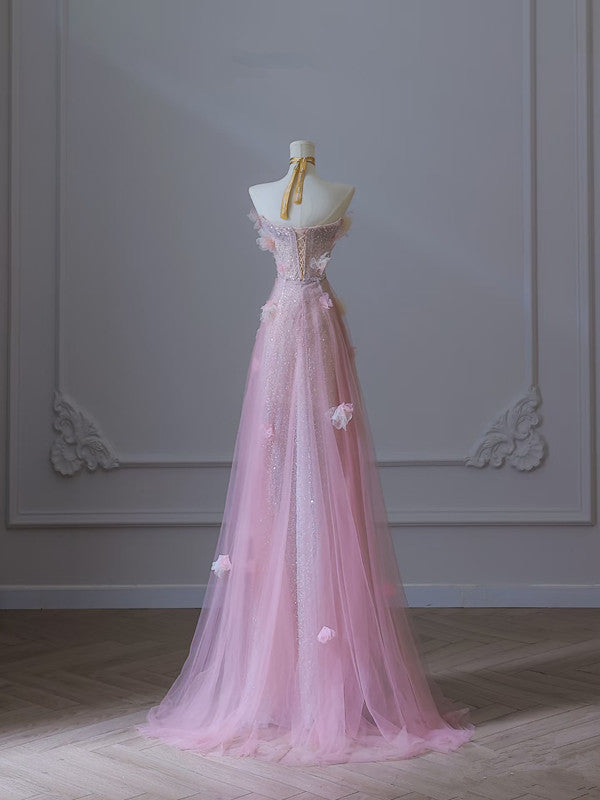Modest A-Line Sweetheart Pink Tulle Sequin Flowers Evening & Prom Dress - View 4 | FashionDia