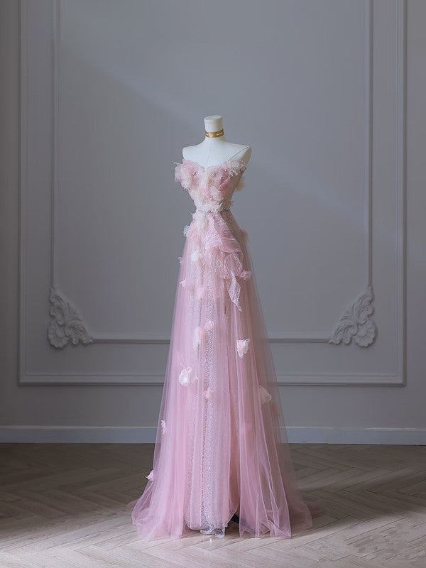 Modest A-Line Sweetheart Pink Tulle Sequin Flowers Evening & Prom Dress - View 2 | FashionDia
