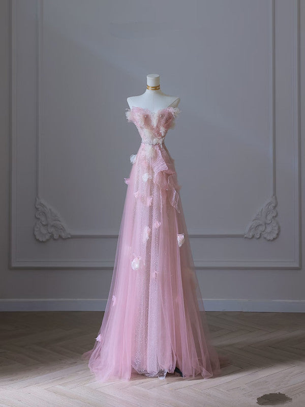 Modest A-Line Sweetheart Pink Tulle Sequin Flowers Evening & Prom Dress - FashionDia