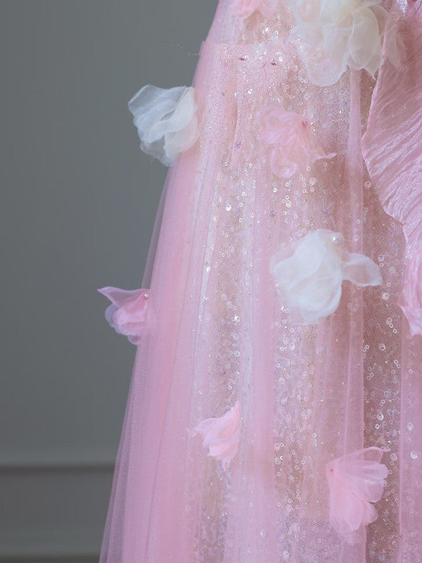 Modest A-Line Sweetheart Pink Tulle Sequin Flowers Evening & Prom Dress - View 5 | FashionDia
