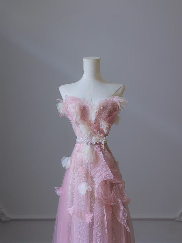 Modest A-Line Sweetheart Pink Tulle Sequin Flowers Evening & Prom Dress - View 3 | FashionDia