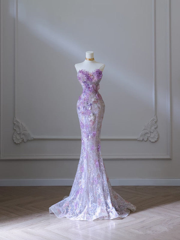 Modest Mermaid Sweetheart Lilac Tulle Sequin Flowers Evening Dress Long Prom Dresses - FashionDia