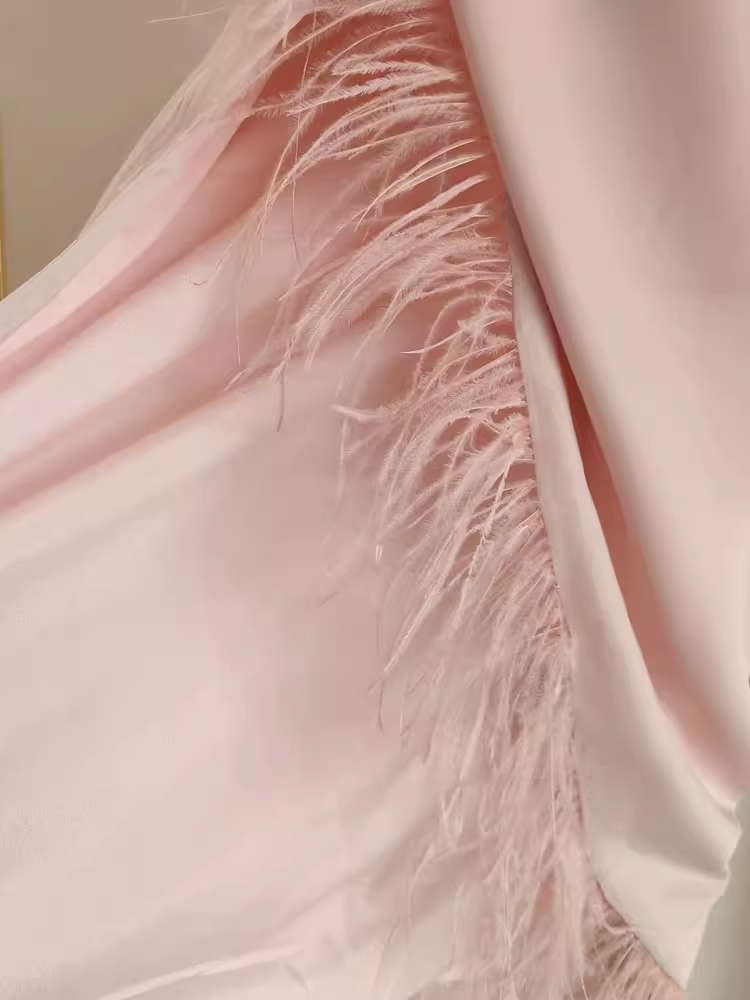 Sexy Sheath One-Shoulder Pink Vacation Dress Satin Women Dresses WIth Feather - View 5 | FashionDia