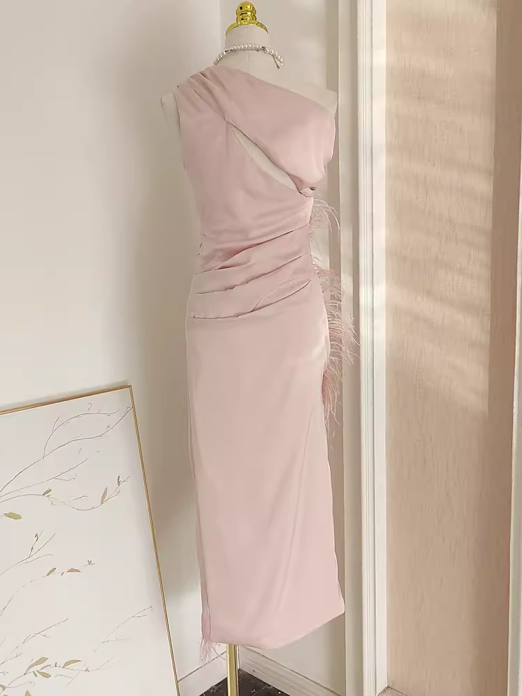 Sexy Sheath One-Shoulder Pink Vacation Dress Satin Women Dresses WIth Feather - View 2 | FashionDia