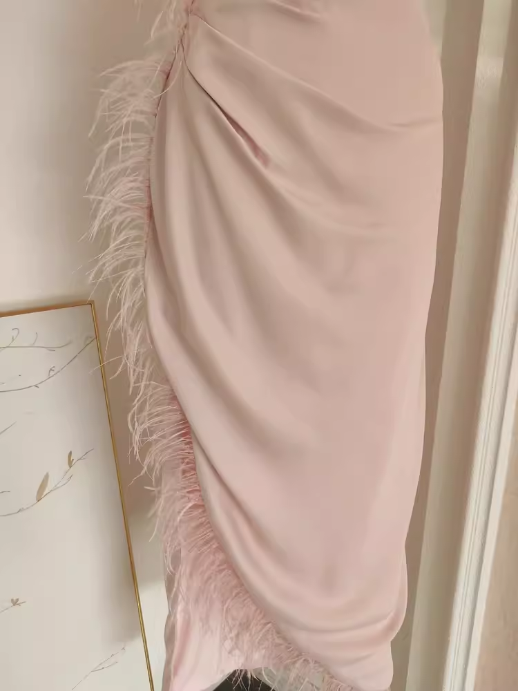 Sexy Sheath One-Shoulder Pink Vacation Dress Satin Women Dresses WIth Feather - View 4 | FashionDia