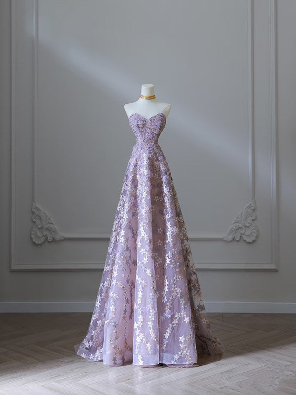 Modest A-Line Sweetheart Lilac Lace Tulle Flowers Evening & Prom Dress - FashionDia