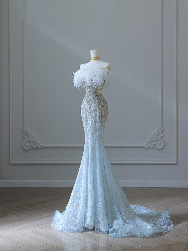 Princess Mermaid Strapless Neckline Long Sequin Light Sky Blue Long Wedding Dresses Brides Dress