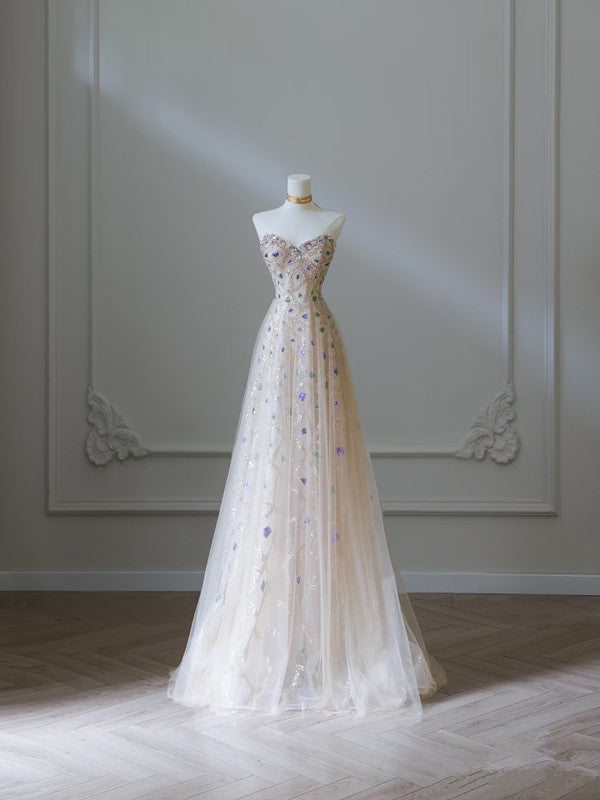 Modest A-Line Sweetheart Tulle Flowers Long Evening & Prom Dress - FashionDia