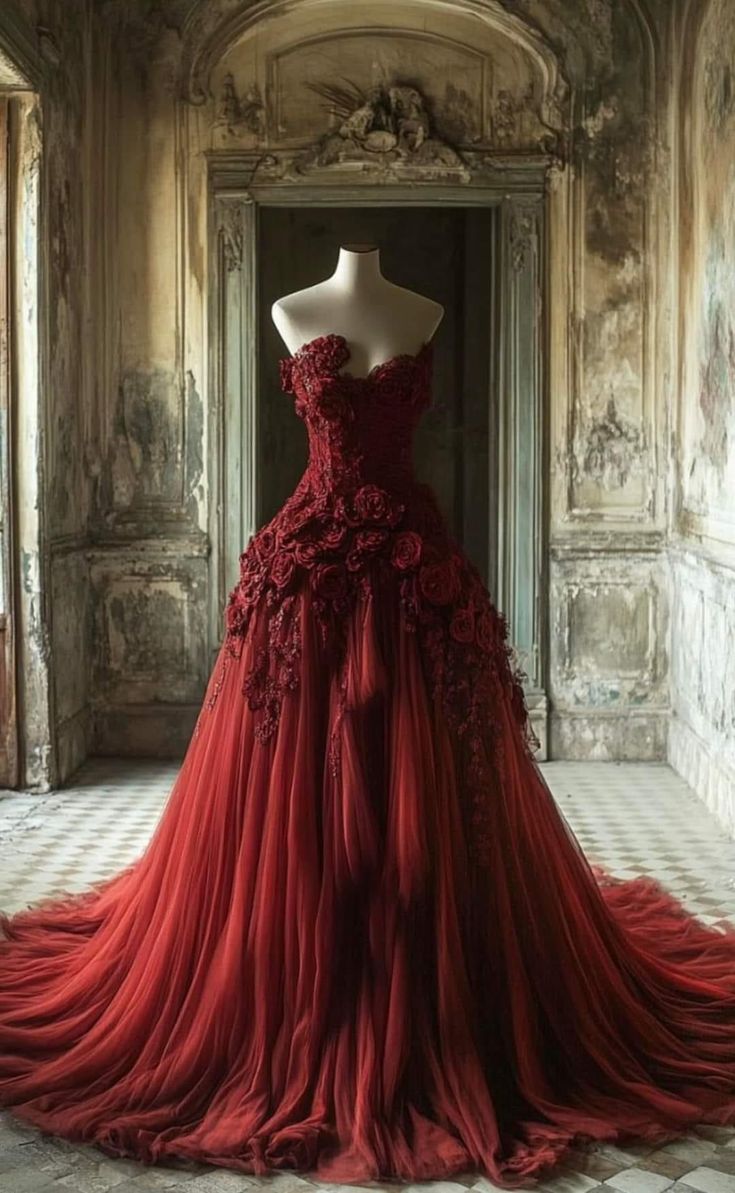 Retro Ball Gown Off The Shoulder Tulle Floral Party Dress Burgundy Prom Dress Evening Dress