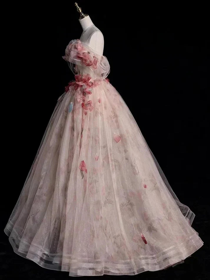 Aesthetic Ball Gown Off-the-Shoulder Pink Lace Party Dress Long Prom Dress Evening Dresses - View 2 | FashionDia