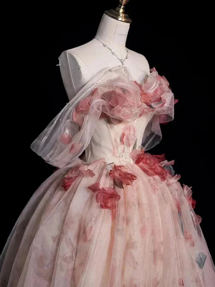 Aesthetic Ball Gown Off The Shoulder Pink Lace Party Dress Long Prom Dress Evening Dresses