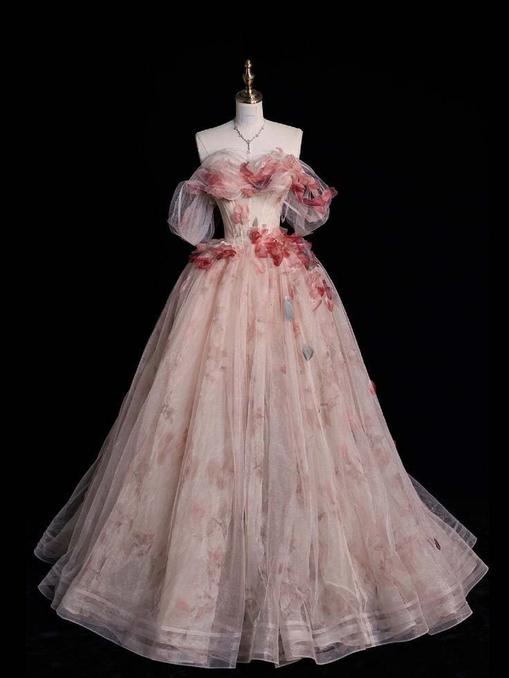 Aesthetic Ball Gown Off-the-Shoulder Pink Lace Party Dress Long Prom Dress Evening Dresses - FashionDia