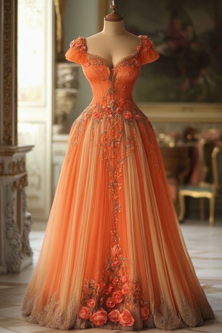 Aesthetic Ball Gown Sweetheart Orange Chiffon Floral Evening Dress Long Prom Dresses