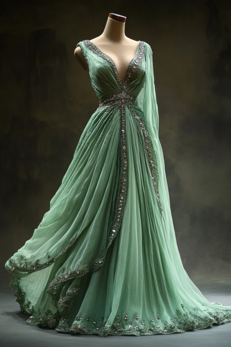 Aesthetic Ball Gown V Neckline Green Tulle Party Dress Long Prom Dresses Evening Dresses - FashionDia