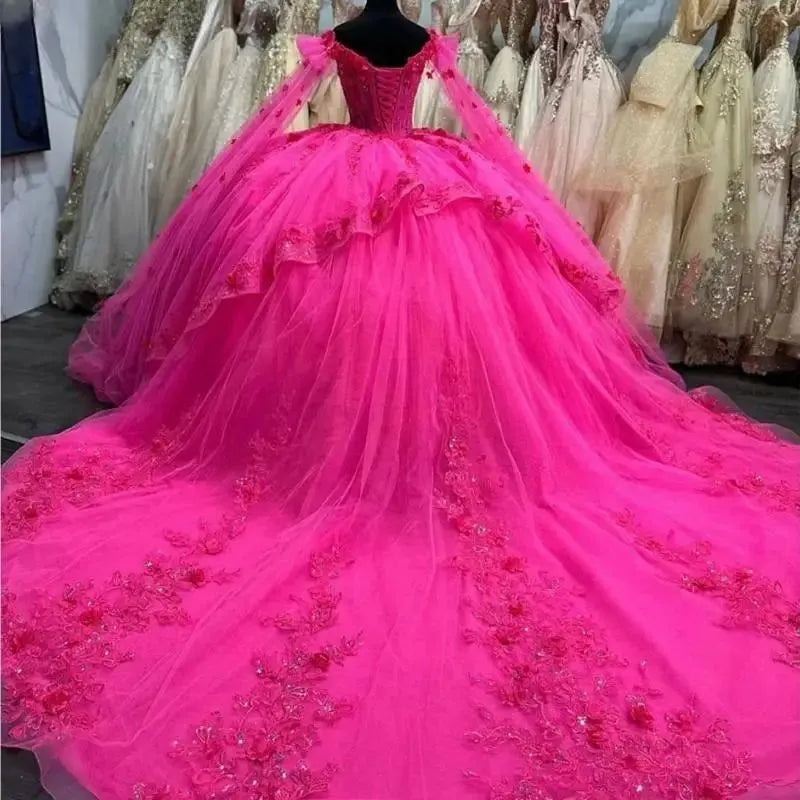 3D Flower Appliques Quinceanera Dresses Luxury Beads Cape Sleeve Prom Ball Gowns Puffy Princess Dress - View 2 | FashionDia