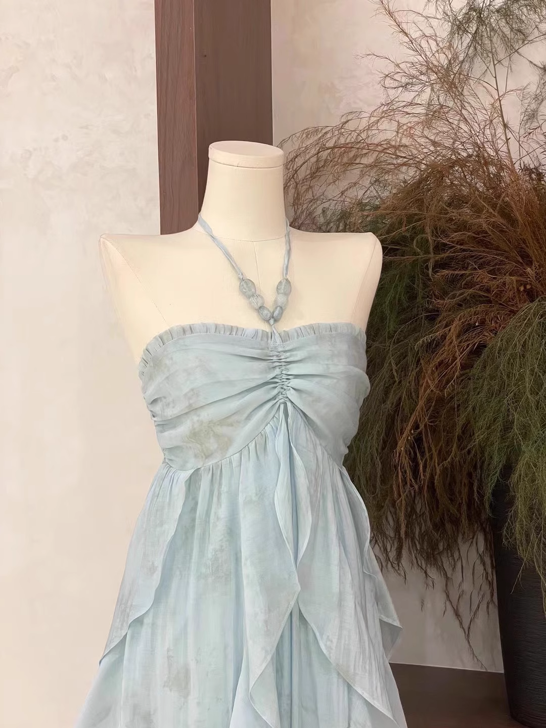 Cute A line Halter Ruffled Floral Blue Women's Long Vacation Dresses