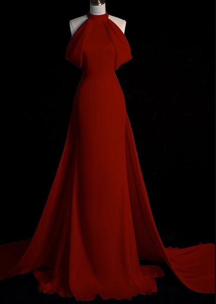 Sexy Sheath Halter Red Satin Long Prom & Evening Dress Formal Dress - FashionDia