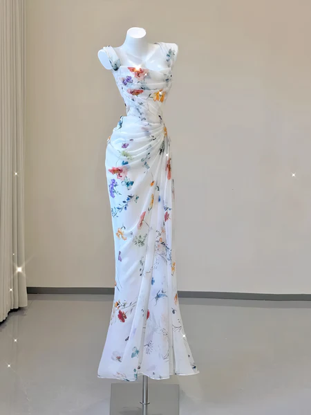 Sexy Mermaid Straps Chiffon Floral Evening Gowns Long Prom Dresses