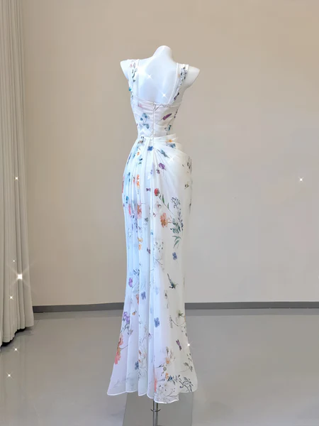 Sexy Mermaid Straps Chiffon Floral Evening Gowns Long Prom Dresses