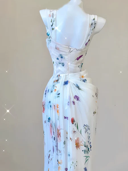 Sexy Mermaid Straps Chiffon Floral Evening Gowns Long Prom Dresses