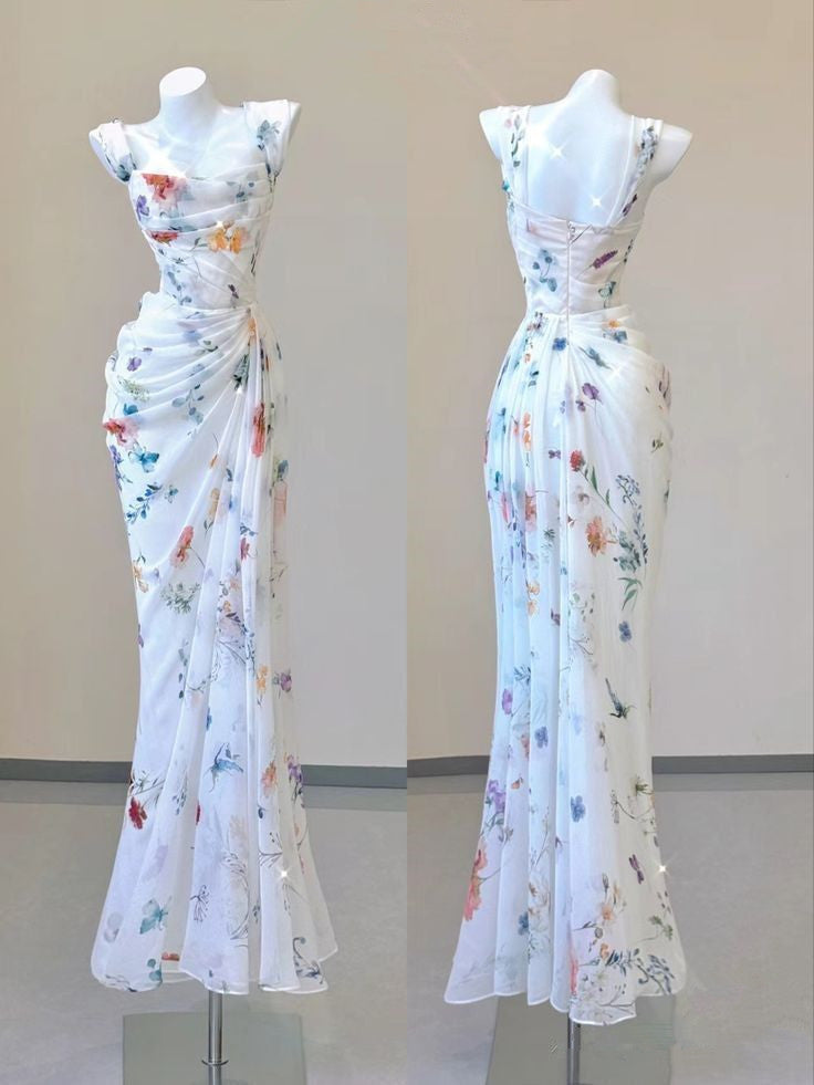 Sexy Mermaid Straps Chiffon Floral Evening Gowns Long Prom Dresses