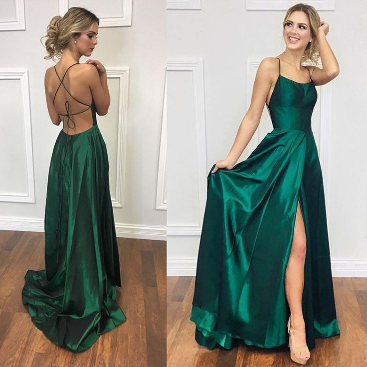 Sexy A Line Halter Dark Green Satin Long Evening Gowns Prom Dresses