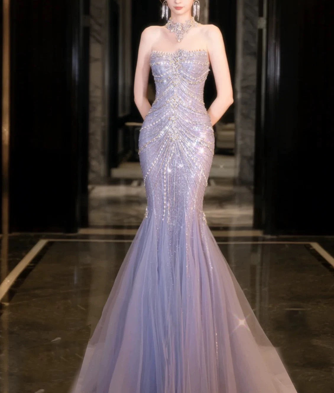 Classy Mermaid High Neckline Tulle Lilac Beads Long Party Dress Prom Dresses