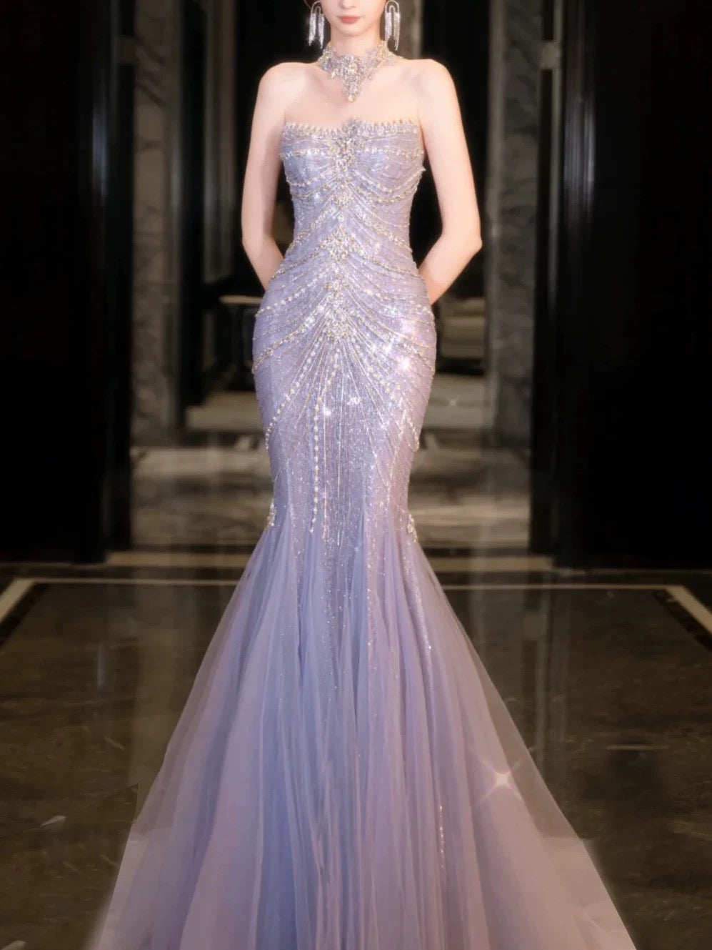 Classy Mermaid High Neckline Tulle Lilac Beads Long Party Dress Prom Dresses