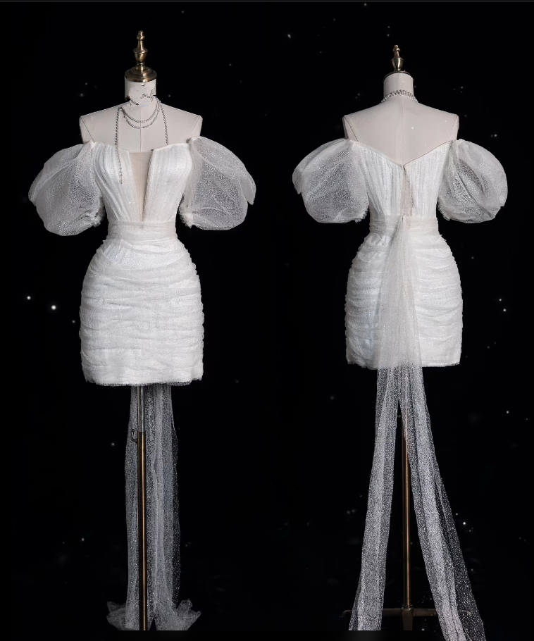 Aesthetic Sheath Off The Shoulder White Sequin Short Wedding Dresses Brides Dresses